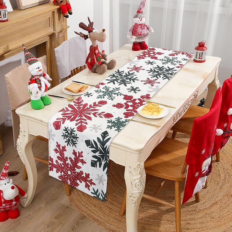 Christmas Winter Table Runner, Red Green Silver Snowflakes 13x72in - Variation: Red Green Silver+13x72in