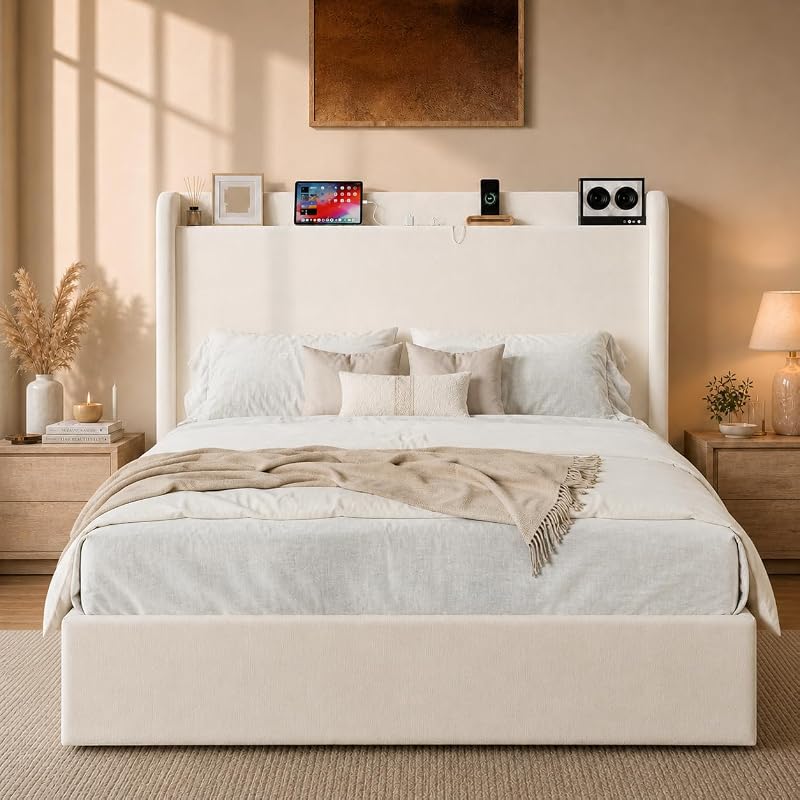 Queen Bed Frame with Chenille Storage Headboard and USB Ports - White (Variation: White+Queen)