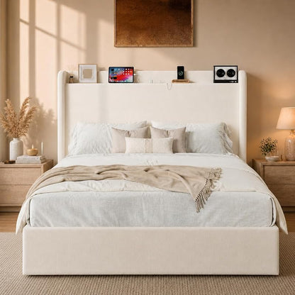 Queen Bed Frame with Chenille Storage Headboard and USB Ports - White (Variation: White+Queen)