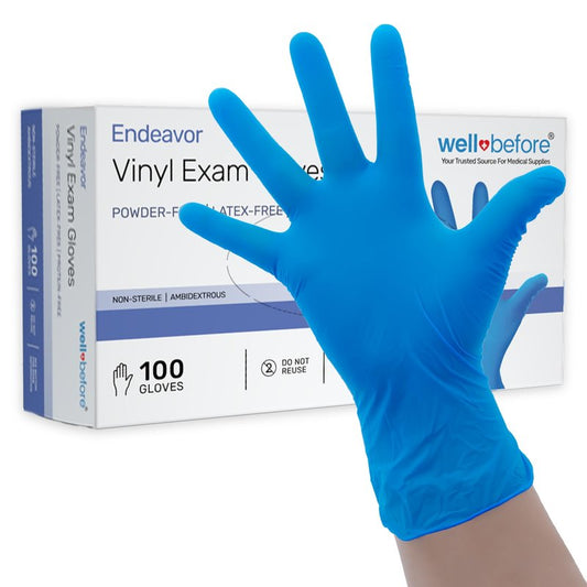 Well Before Vinyl Exam Gloves - Powder-Free, Latex-Free, Disposable Gloves for Medical, Food Prep, Cleaning and more - Medium Blue (Pack of 100)