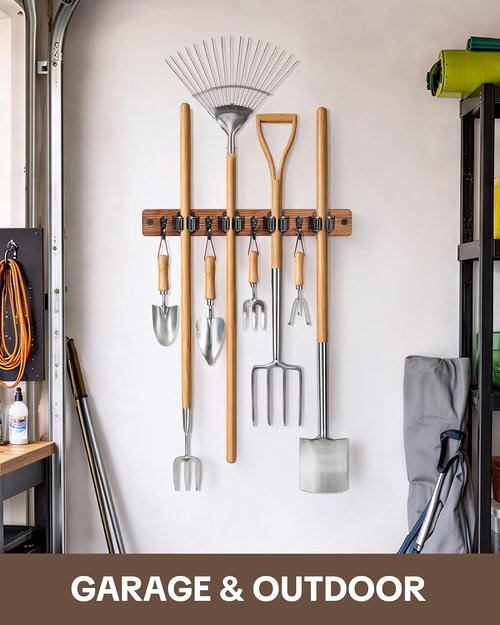 Lorbro Broom Holder Wall Mount - 2 Pack Wooden Mop Organizer with 4 Slots & Hooks | Ideal for Laundry Room, Garage, Kitchen