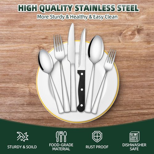 CEKEE 48-Piece Stainless Steel Silverware Set - Mirror Polished Flatware for 8 with Steak Knives, Dishwasher Safe
