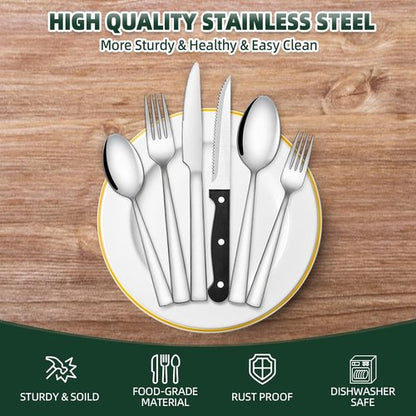 CEKEE 48-Piece Stainless Steel Silverware Set - Mirror Polished Flatware for 8 with Steak Knives, Dishwasher Safe