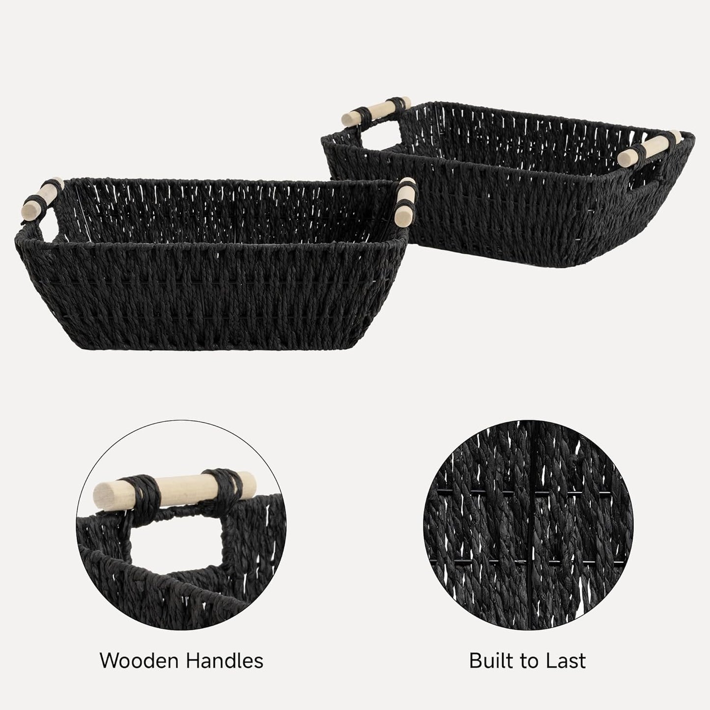 StorageWorks Large Wicker Storage Baskets - Stylish Organizing Solution with Wooden Handles | Black, 2-Pack