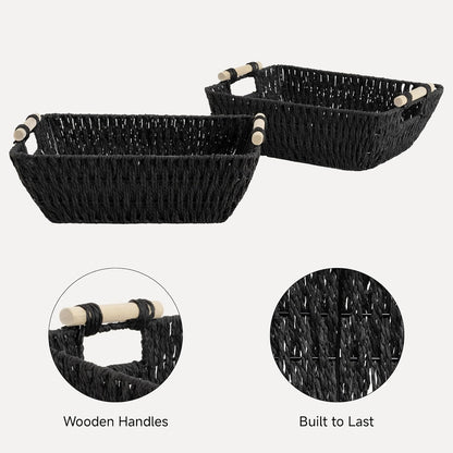 StorageWorks Large Wicker Storage Baskets - Stylish Organizing Solution with Wooden Handles | Black, 2-Pack