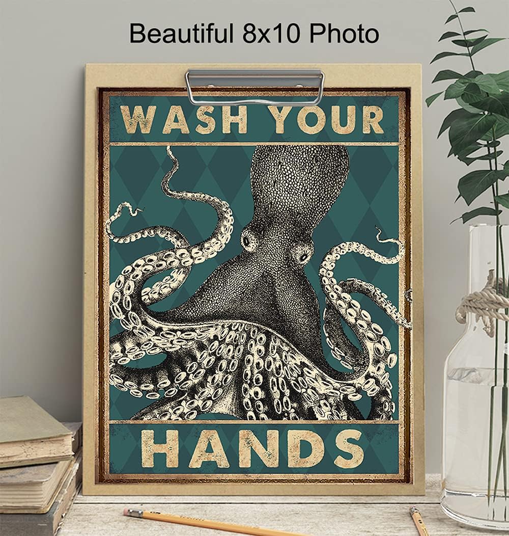 Octopus Nautical Bathroom Wall Art - Funny Beach Decor | Unique Wash Your Hands Sign for Guest Bath