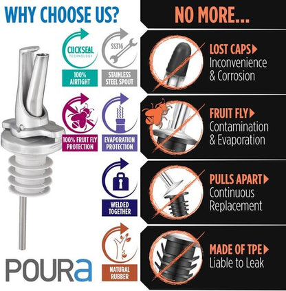 3-in-1 Liquor Bottle Pour Spouts with Built-in Fruit Fly Protection - BPA Free & Dishwasher Safe Hygienic Alcohol Pour Spouts - Also for Olive Oil - Silver 2 Pack with 2 Adapters for Large Bottles