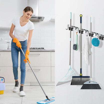 Nacena Broom Holder Wall Mount - Heavy Duty Stainless Steel Mop Hanger with 4 Racks & 5 Hooks | Silver