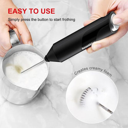 Bonsenkitchen Milk Frother - Powerful Handheld Drink Mixer with Stainless Steel Whisk | Battery Operated - Black
