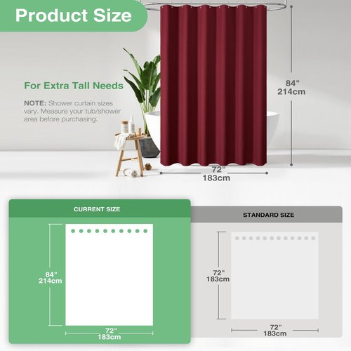 Dynamene Extra Long Shower Curtain - 84 Inch Long Burgundy Waffle Weave Heavy Duty Fabric Bathroom Shower Curtain, Neutral Weighted Hotel Thick Bath Curtain Set with 12 Plastic Hooks,72x84, Burgundy
