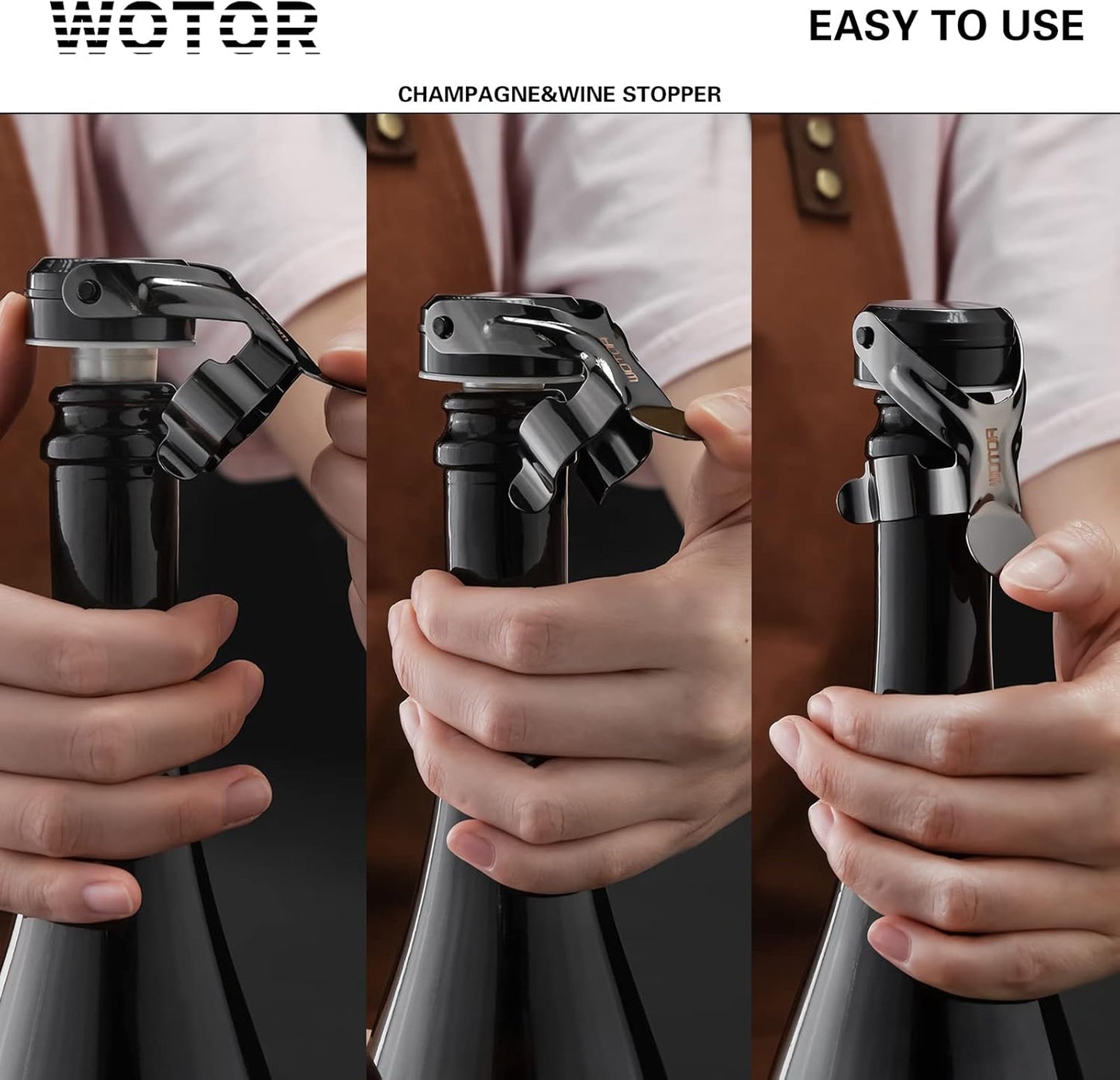 WOTOR Champagne&Wine Bottle Stoppers Stainless Steel with Food Grade Silicone, Leak Proof Keep Fresh Reusable Saver, Cork Suitable for Wine, Champagne, Cava, Prosecco and Sparkling (4 Pack Black）