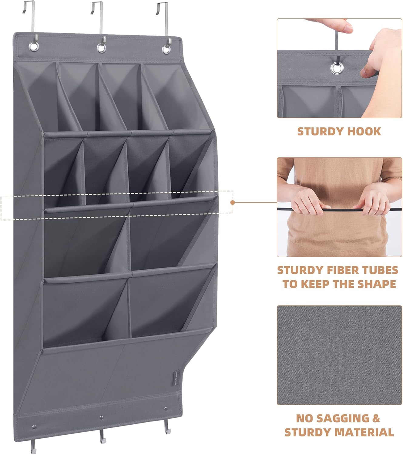 Storage Maniac Over Door Shoe Organizers - 12 Pocket Hanging Shoe Rack for Dorms & Closets | Grey