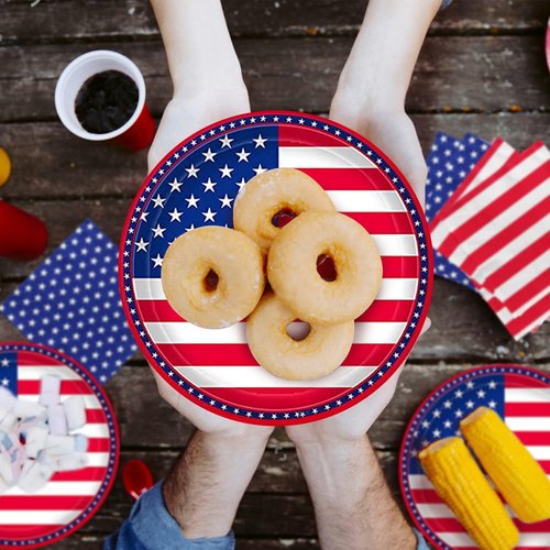 Gatherfun American Flag Party Supplies - Disposable Napkins & Paper Plates for 50 Guests | Perfect for Veterans Day & 4th of July