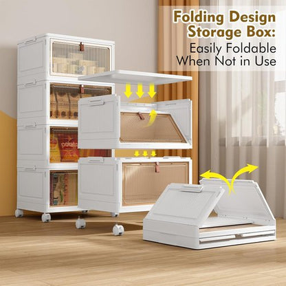 4 Tier Stackable Storage Bins - 28Qt Plastic Containers with Magnetic Doors & Wheels for Easy Organization