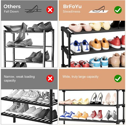 BrFoYu 32.3" Widening Design Shoe Rack for Closet 16 Pairs Small Spaces Non-Woven 3 Tier Shoe Organizer Stackable Metal Shoe Shelf for Entryway, Bedroom