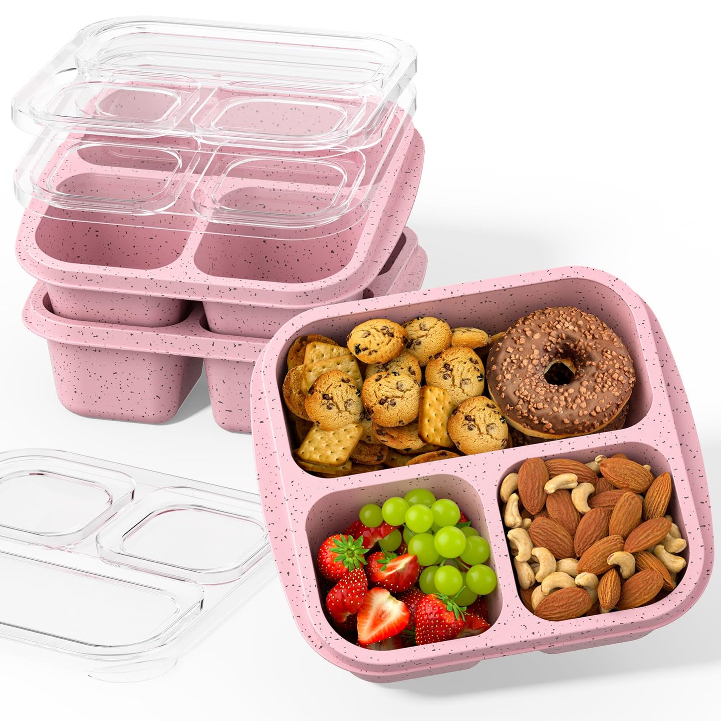 Enstphjoy Snack Boxes (3 Pack) - Stackable Bento Boxes with 3 Compartments, Meal Prep Containers Reusable, Lightweight Lunch Containers for Kids and Adults, BPA Free (Pink)