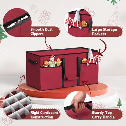 Sunvigor Christmas Ornament Storage Box - Holds 128 Ornaments with Adjustable Dividers & Dual Zippers | Rose Red