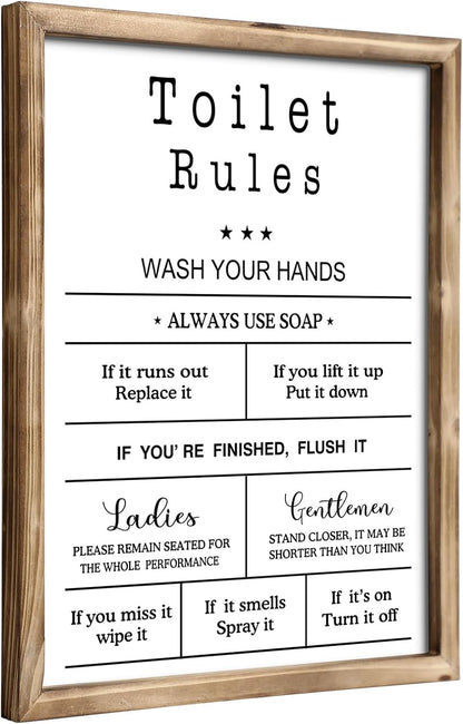 MODE HOME Farmhouse Wall Art - Funny Bathroom Rules Sign with Torched Brown Frame | 14x11 Inch Shabby Chic Decor
