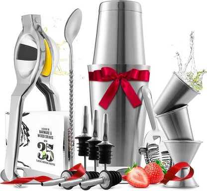 Bar Set Cocktail Shaker Kit - 16-Piece Stainless Steel Mixology Tools | Includes 30oz Martini Shaker, Muddler & Recipe Book