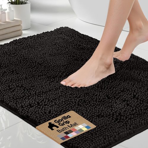 GORILLA GRIP Bath Rug Mat 44x26, Thick Soft Absorbent Chenille, Quick Dry Microfiber Mats, Rubber Backing Washable Shower Floor Rugs, Bathmat Runner, US Designed Bathroom Home Decor Accessories Black