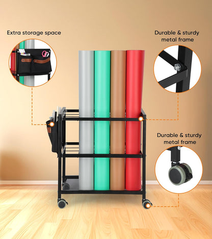 Blueprint Storage Rack Cart - Metal Mobile Holder with 20 Slots & Side Storage Bags | 3.2” x 3.2” Grids