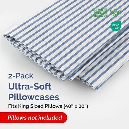 King Pillow Cases by [Brand Name] - Ultra Soft Hotel Quality Covers | Wrinkle-Free & Fade Resistant - 2 Piece Set in Blue Stripes