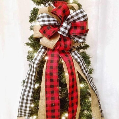 Buffalo Plaid Christmas Tree Topper - Handmade Red & Black Burlap Gift Bow | 13 x 29 Inch Holiday Decor