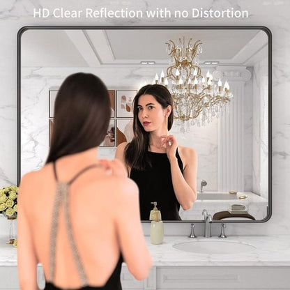 LOAAO Black Metal Framed Bathroom Mirror - 48x36 Inch Large Rounded Rectangle | Anti-Rust Tempered Glass, Versatile Hanging Options