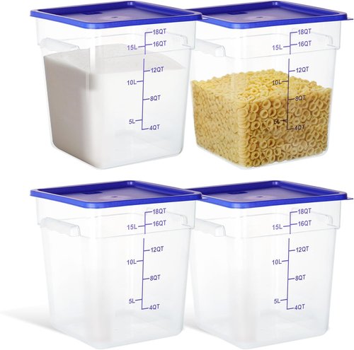Clear NSF Food Storage Containers - 4 Pack, 18 Quart Square Polycarbonate with Lids & Scale