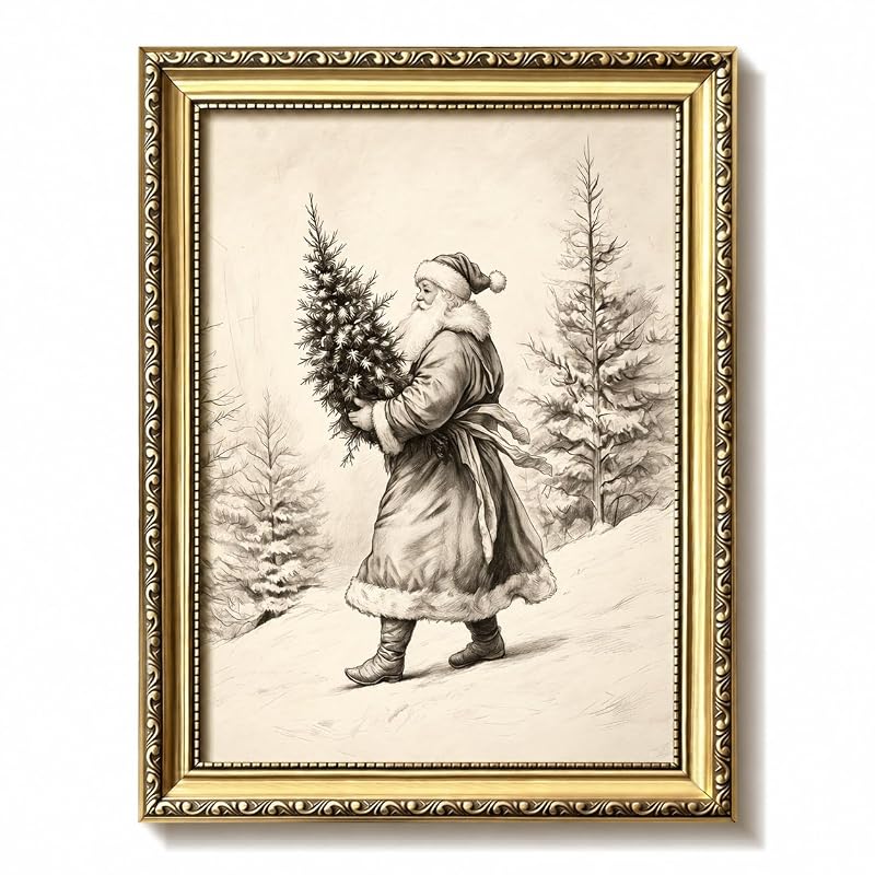 A-Tree Framed 24x16 Santa Wall Art - Vintage Gold Frame Christmas Canvas Print