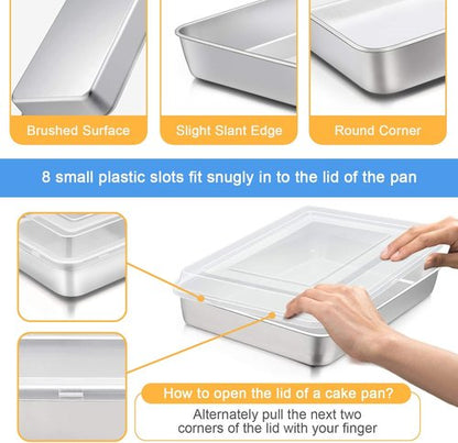 E-far Stainless Steel Baking Pan - 12⅓ x 9¾ x 2 Inch Rectangle Bakeware with Lid | Non-Toxic, Heavy Duty & Dishwasher Safe