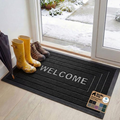 GORILLA GRIP 100% Waterproof All-Season WeatherMAX Doormat, 47x35, US Designed Natural Rubber, Stain and Fade Resistant, Low Profile Indoor Outdoor Door Mats, Easy Clean Patio Mat, Black Welcome