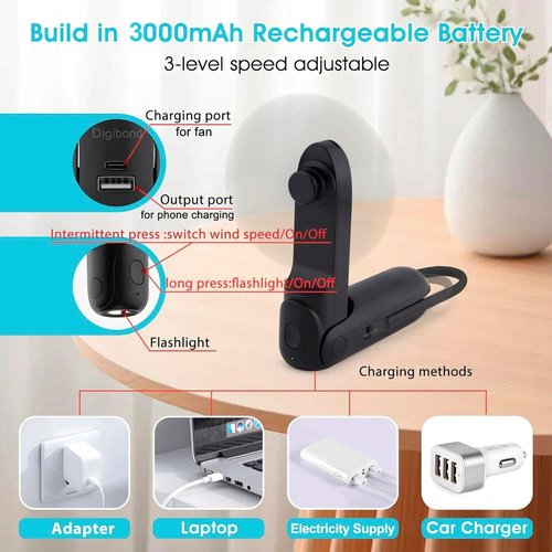 Digibond Handheld Mini Fan - Rechargeable 3000mAh Portable Personal Fan with Flashlight | Black, 3 Speed