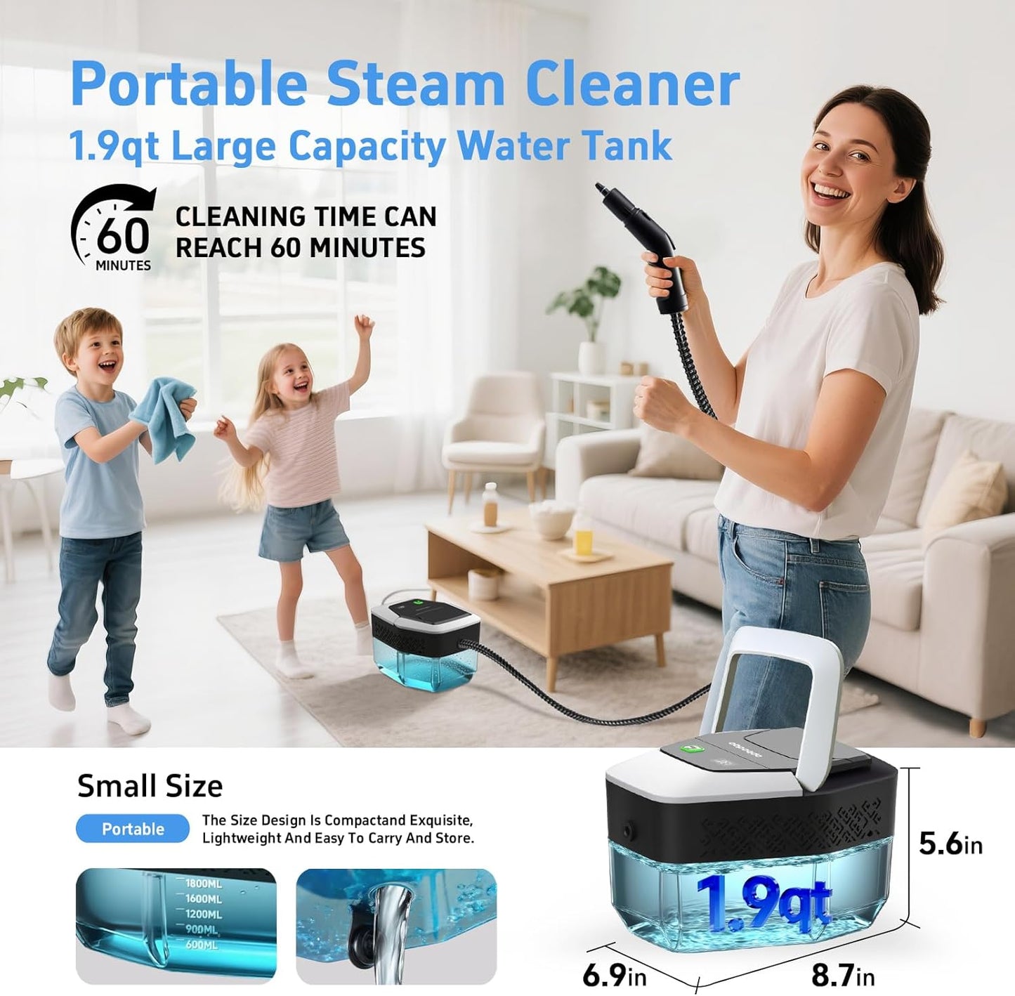 Skiennix Steam Cleaner - High-Temperature 257℉ Handheld Steamer for Home & Car | 1.9 Quart Capacity