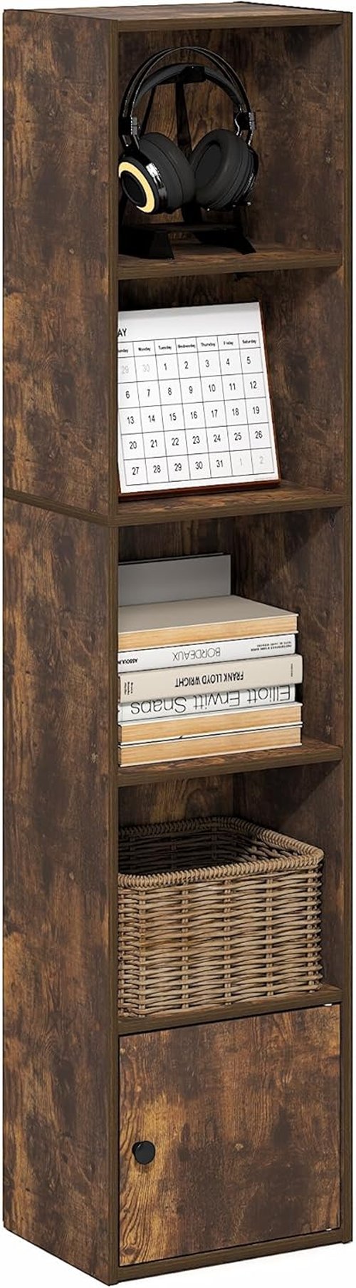 Furinno LUDER 5-Tier Bookshelf - Open Shelf Design with Door Cabinet | Amber Pine, Ideal for Home Organization