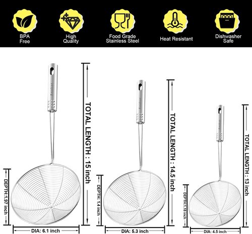 Anaeat Stainless Steel Spider Skimmer - Set of 3 Professional Kitchen Strainers with Long Handles (4.5", 5.3", 6.1")