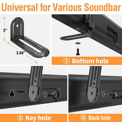ELIVED Soundbar Mount, Sound Bar TV Bracket, for Mounting Above or Under TV, Fits Most Sound Bars Up to 15 Lbs, Tool-Free Knob Adjustable, for 23-90" tvs with Detachable Extension Arms and L-Brackets