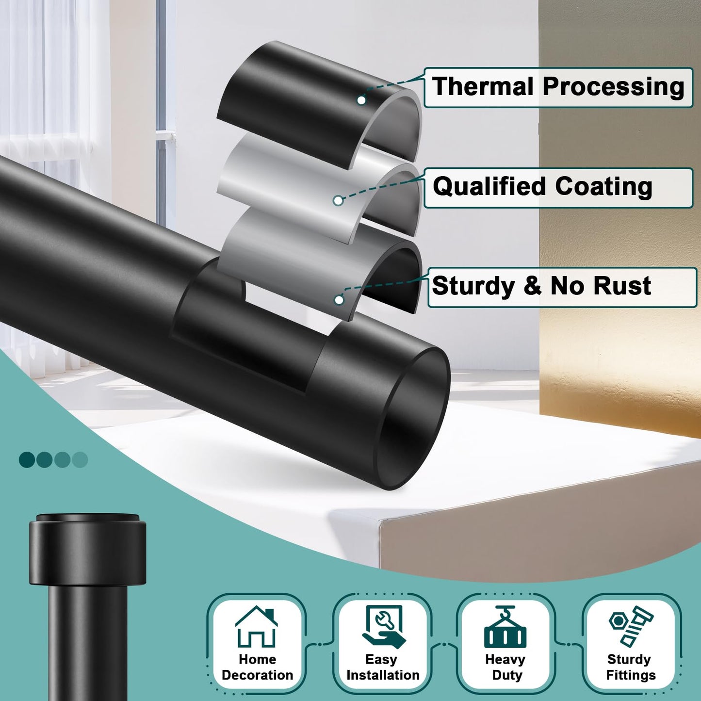 Treije Curtain Rods 18-60 Inch, 1" Heavy Duty Adjustable Curtain Rod for Windows, Black Window Treatment Rod, Modern Design, Easy Installation