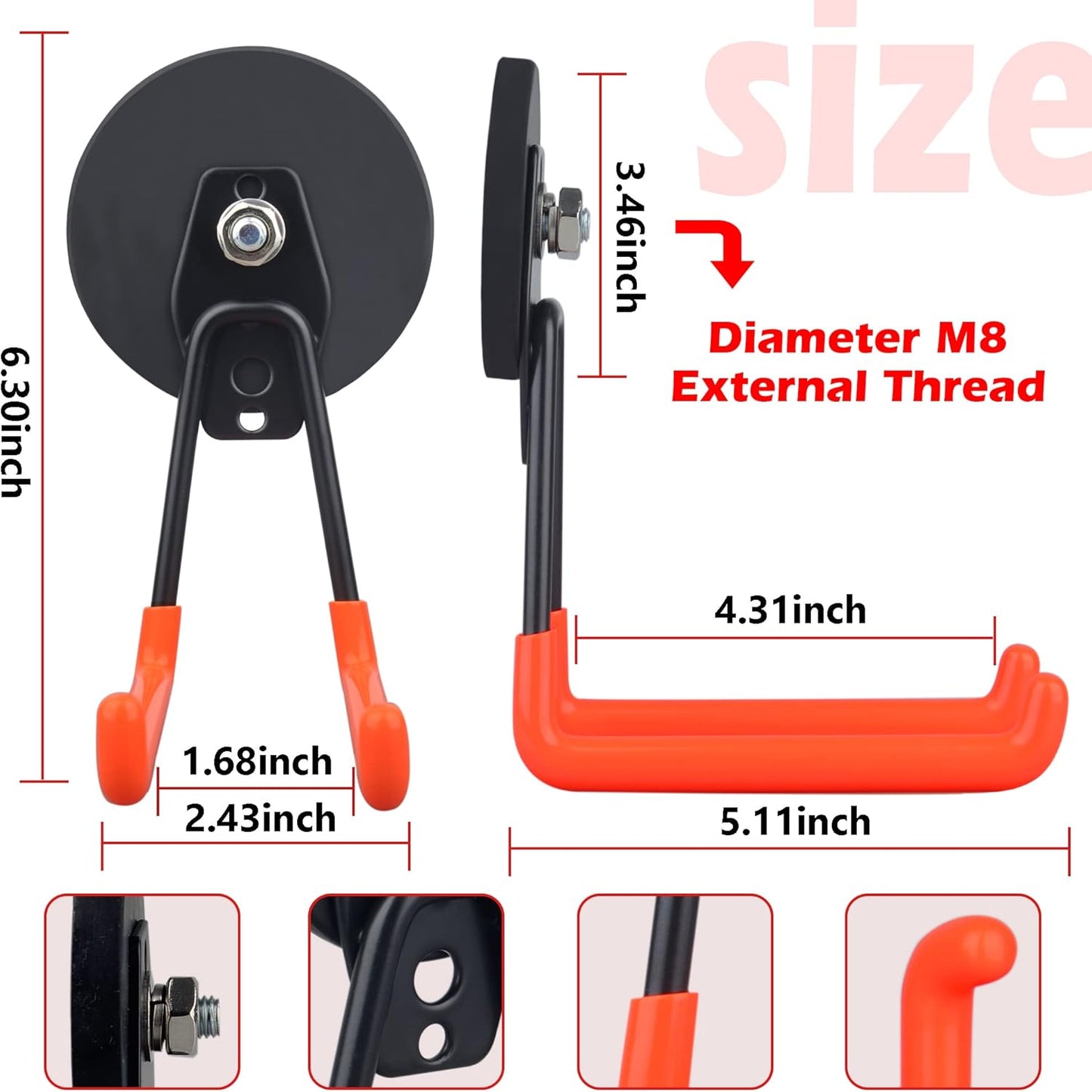 ULIBERMAGNET Heavy-Duty Magnetic Hooks - Large 3.46 Inch Tool Organizers for Workshop & Garden | 2 Pack, Orange