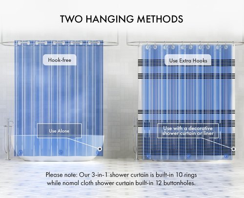 AmazerBath No Hook Shower Curtain and Liner 3-in-1, Luxury Heavy Duty Clear Blue No Hook Shower Liner, 72x75 100% EVA Hookless Shower Curtain with 3 Heavyweight Stones