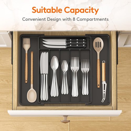 Lifewit Expandable Silverware Drawer Organizer - BPA-Free Utensil Tray for Kitchen | Adjustable 11-18 x 14", Black