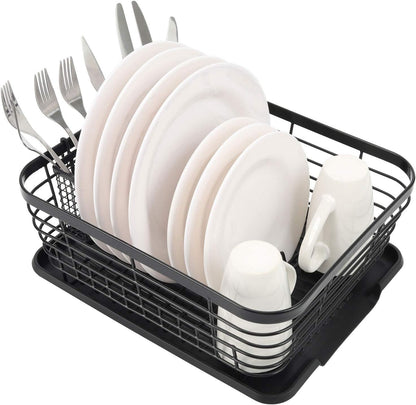 TQVAI Kitchen Dish Drainer Rack - Includes Drying Board & Full-Mesh Utensils Holder | Black Finish