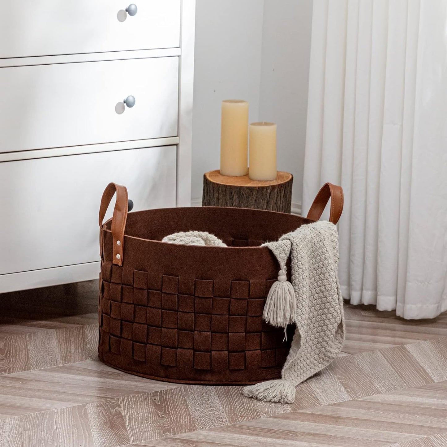 BOLDMONKEY Laundry Basket - Large Felt Fabric Hamper with Leather Handle | 20" x 20" x 11.8" - Brown