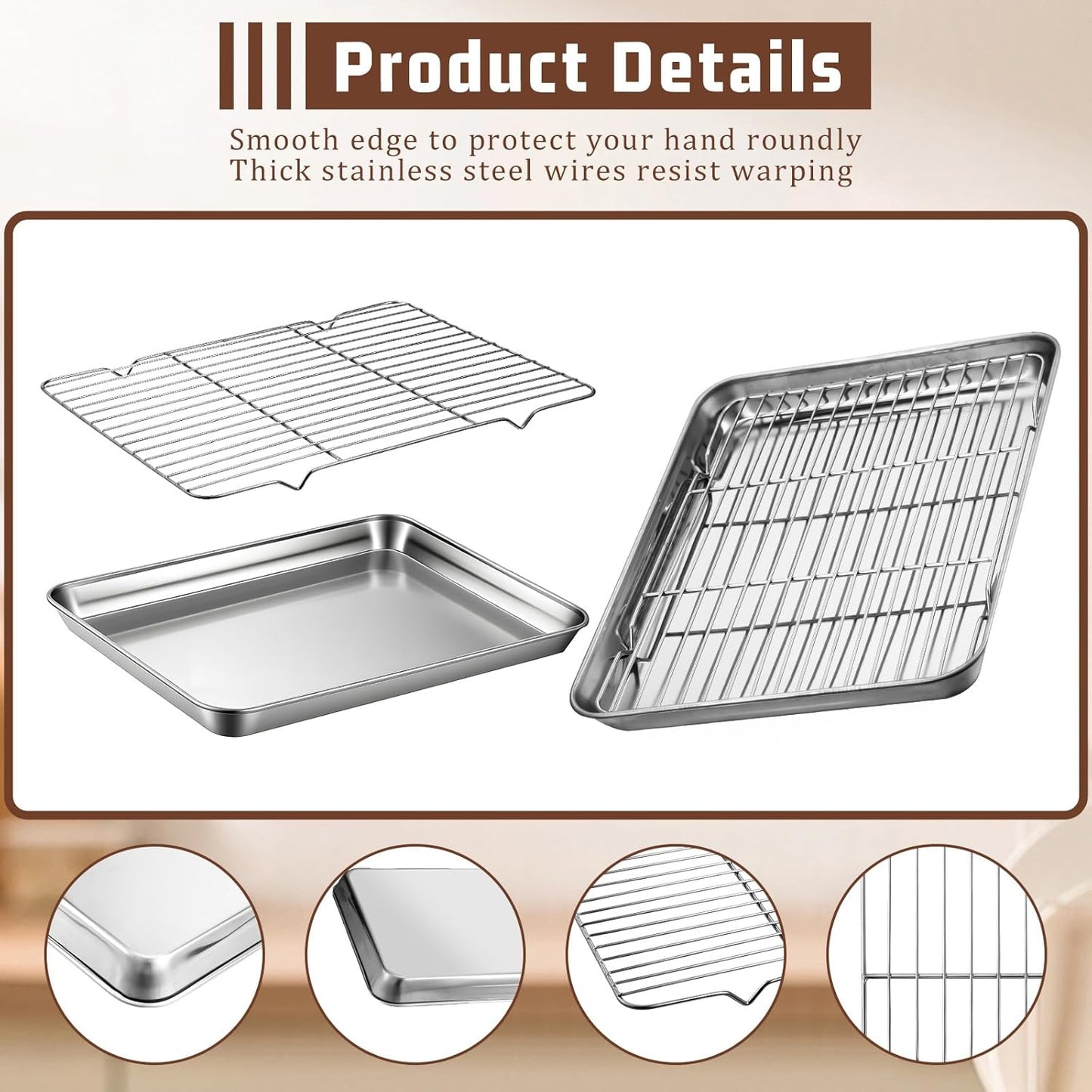 Stainless Steel Baking Sheet Set by [Brand Name] - 2 Pans & 2 Racks | Rust-Free, Nonstick, 12.4 x 9.6 Inches