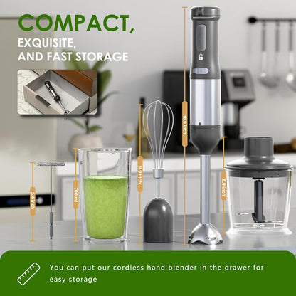 Skiennix Cordless Immersion Hand Blender - 5-in-1 Variable Speed, Rechargeable 2000mAh Battery, BPA-Free Accessories | Grey