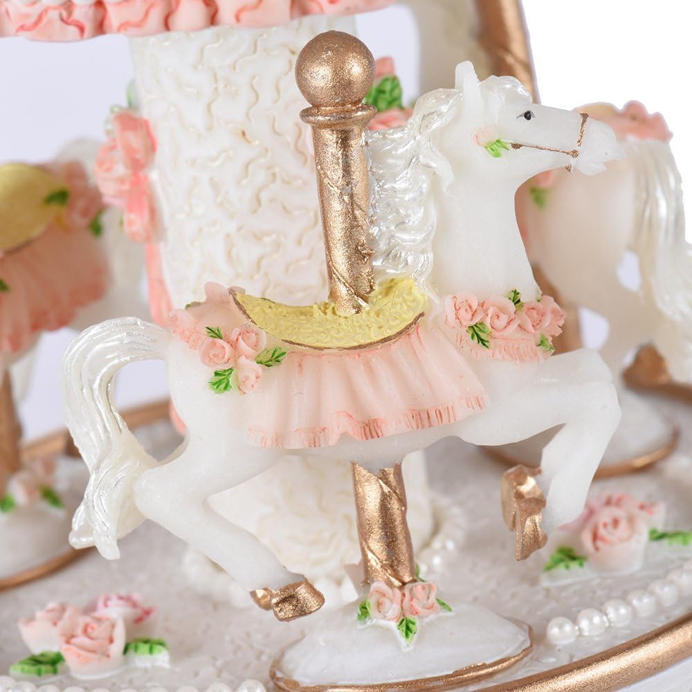 Skiennix Carousel Music Box - 3-Horse Rotating Windup with LED Lights | Pink Musical Gift for Girls