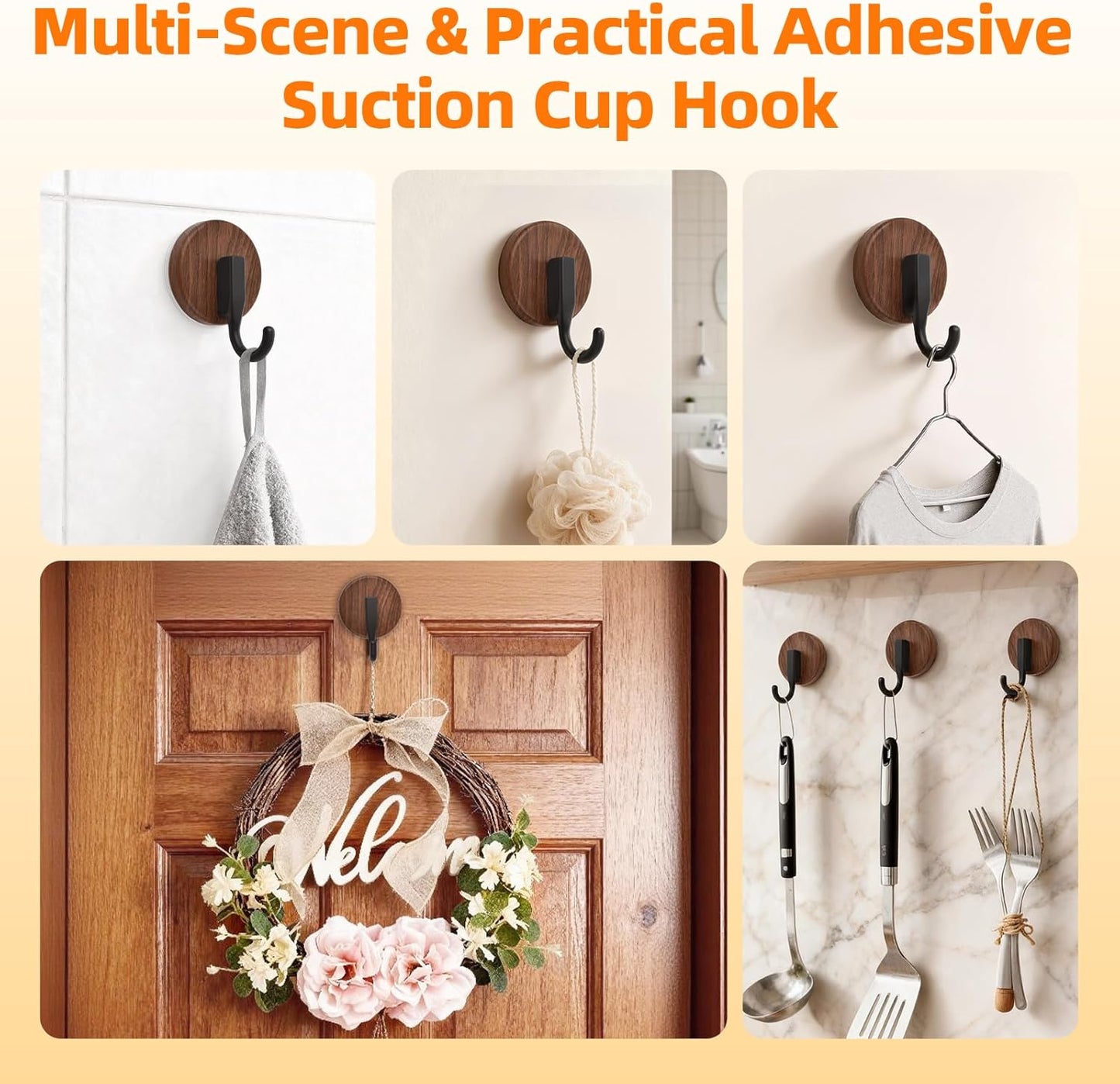 Upgraded Wreath Hanger by [Brand Name] - Suction Cup Hook for Doors & Windows | 2 Pack, Walnut Finish