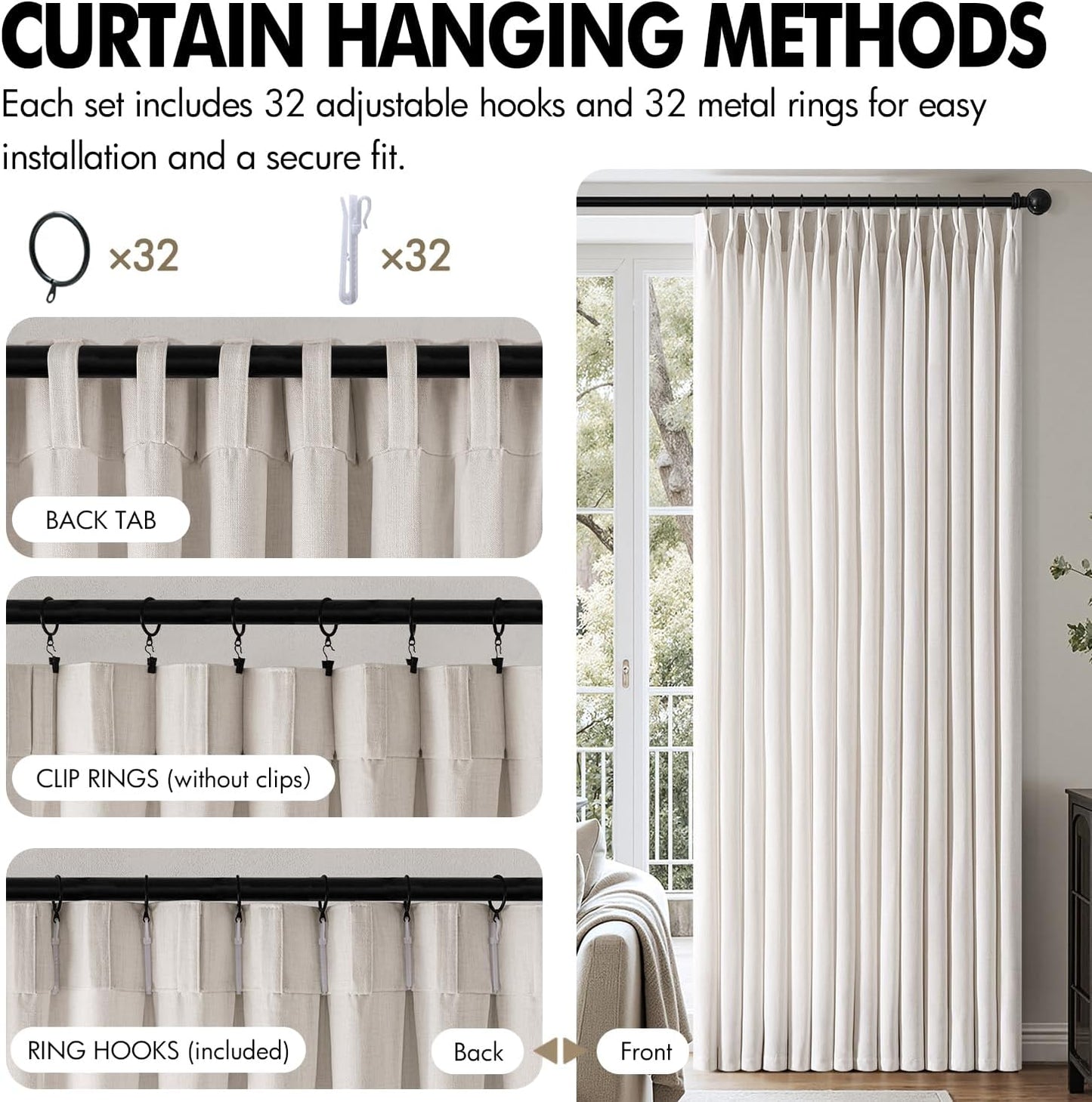 MIULEE Pinch Pleated Thick Linen Curtains - 90 Inch, 4 Panels, Semi-Sheer Light Filtering Drapes in Beige & White