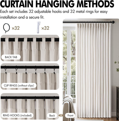 MIULEE Pinch Pleated Thick Linen Curtains - 90 Inch, 4 Panels, Semi-Sheer Light Filtering Drapes in Beige & White