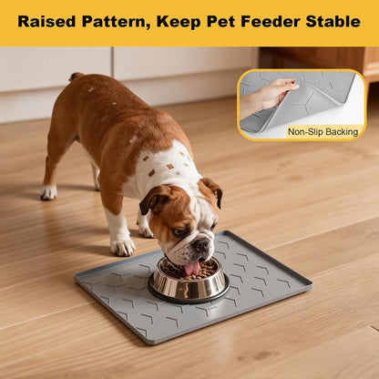 Pieviev Dog & Cat Food Bowl Mat - Silicone Waterproof, Non-Slip Design, 16''x12'', Light Gray